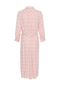 Robe rose à manches longues en tissu doux avec un motif floral, cintrée à la taille et avec un col. La vue de dos montre la longueur totale et les liens sur les côtés.