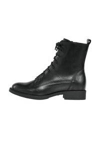Czarne skórzane botki za kostkę z okrągłym czubkiem, sznurowanym przodem i niskim obcasem w kształcie bloku. Gładka tekstura z minimalną ilością przeszyć.