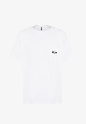 T-shirt bianco a maniche corte in cotone, con tasca frontale e logo nero "Moschino Swim". Vestibilità classica e texture liscia.
