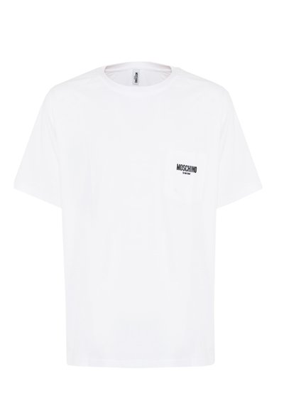 T-shirt bianco a maniche corte in cotone, con tasca frontale e logo nero "Moschino Swim". Vestibilità classica e texture liscia.