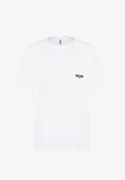 T-shirt bianco a maniche corte in cotone, con tasca frontale e logo nero "Moschino Swim". Vestibilità classica e texture liscia.