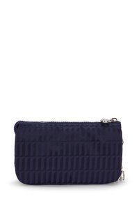 Borsetta blu navy con zip, caratterizzata da un motivo a righe testurizzato, realizzata in tessuto durevole. Presenta un tirante della zip in tonalità argento. Forma rettangolare compatta.
