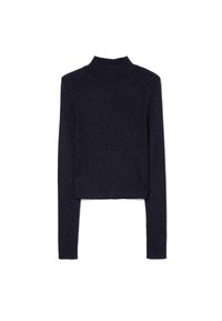 Marineblaues, gestricktes Crop-Top mit langen Ärmeln und hohem Stehkragen; zeichnet sich durch ein strukturiertes, leicht geripptes Design aus.