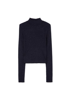 Marineblaues, gestricktes Crop-Top mit langen Ärmeln und hohem Stehkragen; zeichnet sich durch ein strukturiertes, leicht geripptes Design aus.