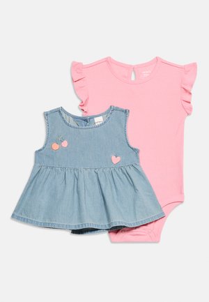 Pink short-sleeve baby bodysuit with ruffled sleeves paired with sleeveless blue denim baby dress featuring heart and cherry embroidery.