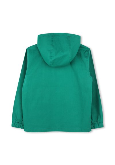 Giacca verde con cappuccio, dalla texture liscia e polsini arrGathered. La vista posteriore mostra un design semplice, senza decorazioni e di colore uniforme.