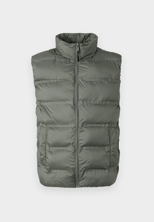 Gray padded sleeveless vest with high collar, front zipper, and two front pockets against a white background.