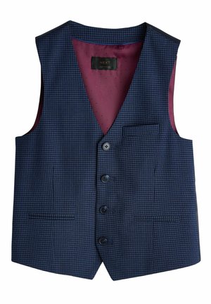 Tmavomodrá vesta s jemným károvaným vzorom, piatimi gombíkmi a vreckom. Podšitá bordovou látkou s malými bodkami.