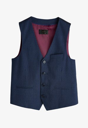 Tumesinist värvi vest väikese ruudumustriga, viis nööpi ja taskuga. Voodriga tumepruuni kangaga, millel on väikesed täpid.