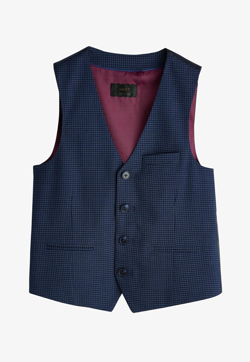 Chaleco azul marino con un pequeño patrón de cuadros, cinco botones y un bolsillo. Forrado con tela burdeos con diminutos puntos.