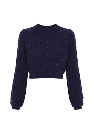 Marineblauer, kurz geschnittener Pullover mit strukturiertem Strickmuster und kleinen Perlenverzierungen an den Ärmeln. Rundhalsausschnitt und lange, eng anliegende Ärmel.