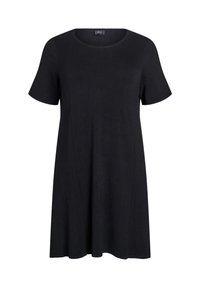 Musta lyhythihainen, polvipituinen mekko pyöreällä pääntiellä ja väljällä istuvuudella, valmistettu pehmeästä, yksivärisestä kankaasta.