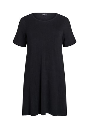 Mustast lühikeste varrukatega, põlveni ulatuv kleit ümarate kaelustega ja lahtise lõikega, valmistatud pehmest, ühevärvilisest kangast.