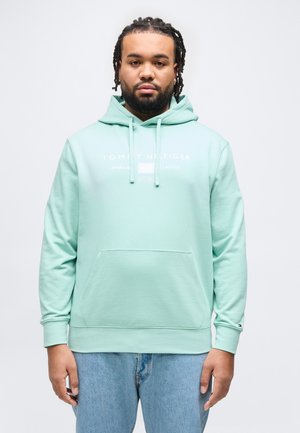 Uomo con capelli intrecciati che indossa una felpa con cappuccio verde menta Tommy Hilfiger e jeans azzurri, in piedi contro uno sfondo bianco uniforme.
