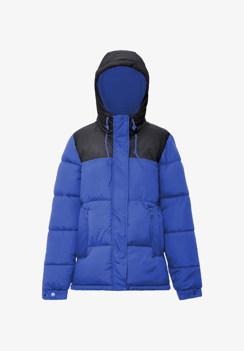 Blå og sort puffjakke med hætte, der har lynlåslukning, to sidelommer og en quiltet tekstur for varme og stil.