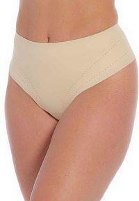 Beige high-waisted brief with smooth texture, featuring subtle dotted pattern along the sides. Made from stretchy material for comfort.