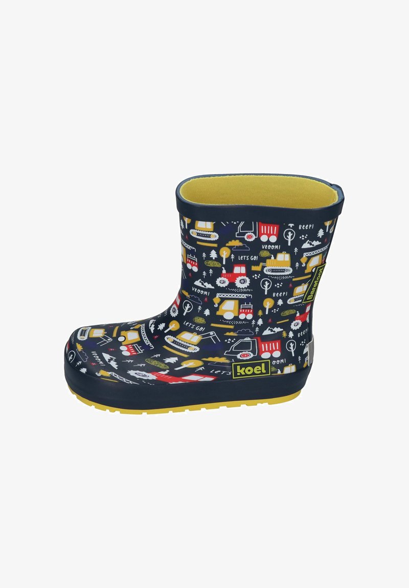 Rubber rainboot, navy base with colorful transportation-themed patterns, yellow lining, and a textured sole for grip. Brand label: koel.