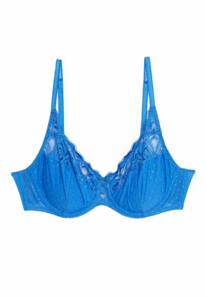 Blauwe beha met kantaccenten, gemaakt van een gespikkeld meshweefsel, met beugelondersteuning, golvende randen en verstelbare bandjes voor een veilige pasvorm.