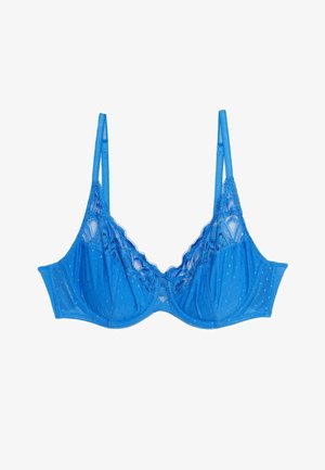 Blauwe beha met kantaccenten, gemaakt van een gespikkeld meshweefsel, met beugelondersteuning, golvende randen en verstelbare bandjes voor een veilige pasvorm.