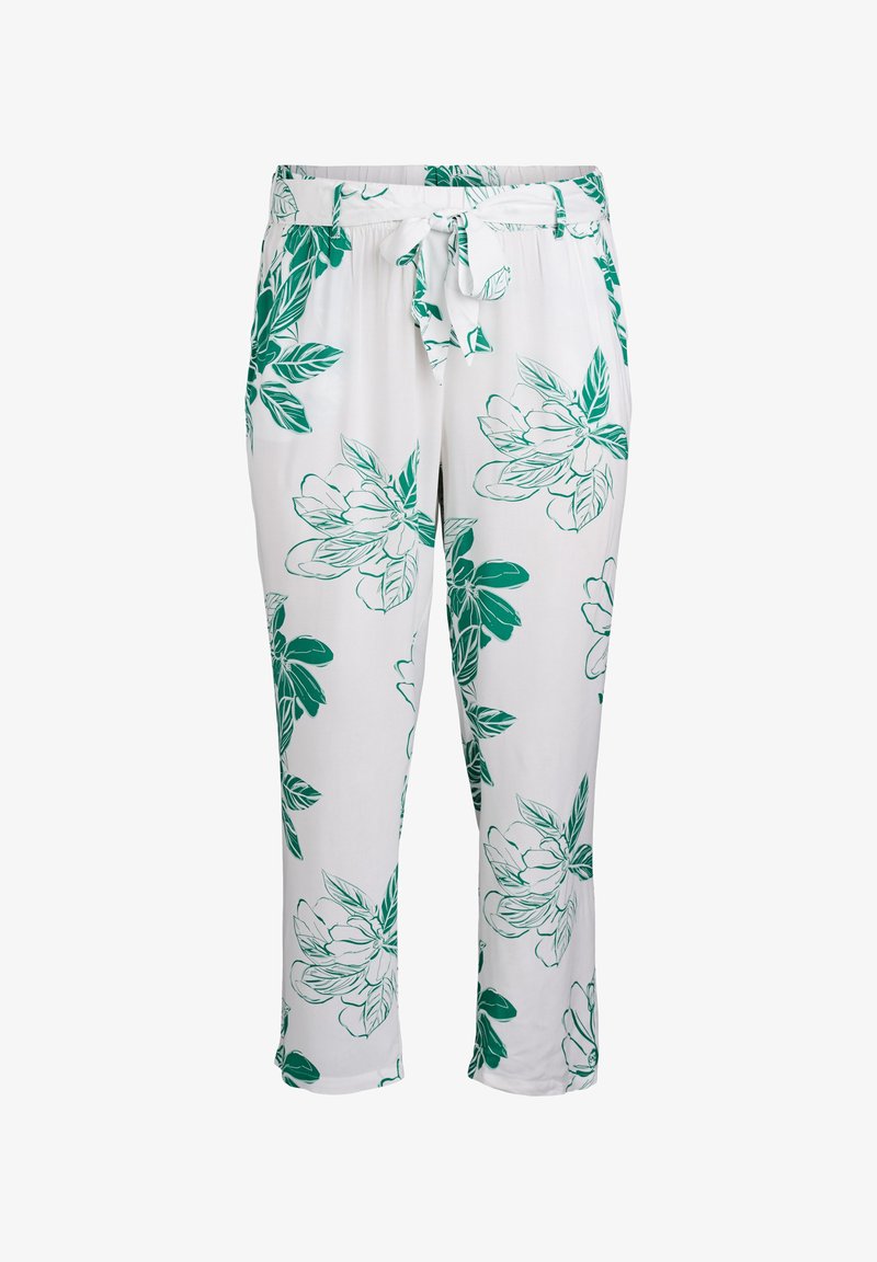 Ohlapne bele hlače v beli barvi z zelenim cvetličnim vzorcem, ki imajo vrvico za prilagajanje ter gladko teksturo. Skrajšana dolžina z stranskimi žepi.