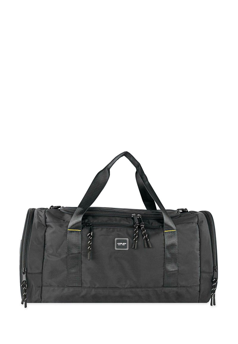 Bolso de deporte negro con dos asas superiores, dos bolsillos frontales con cremallera y tejido texturizado. Cuenta con costuras en contraste y herrajes duraderos.