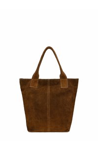 Borsa a spalla in suede marrone, con due manici corti, forma rettangolare e un dettaglio di cucitura verticale al centro.