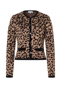 Luipaardprint vest in bruin en zwart. Gebreide stof, ronde hals, lange mouwen, knoopsluiting en twee borstzakken met zwarte accenten.