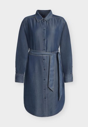 Μακρυμάνικο φόρεμα πουκάμισο από μπλε denim με κουμπιά στο μπροστινό μέρος, μυτερό γιακά, ρυθμιζόμενη ζώνη μέσης και μανσέτες με κουμπιά.