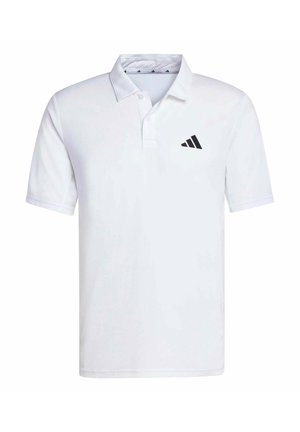 Weißes kurzärmliges Polohemd mit zwei Knöpfen und schwarzem Adidas-Logo auf der linken Brust vor weißem Hintergrund.