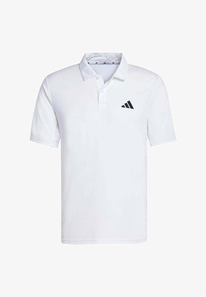 Weißes kurzärmliges Polohemd mit zwei Knöpfen und schwarzem Adidas-Logo auf der linken Brust vor weißem Hintergrund.