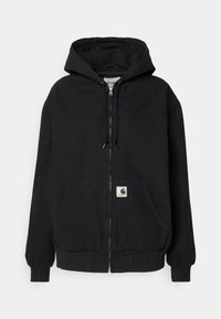 Black zip-up hoodie made of cotton, featuring a drawstring hood, front pockets, ribbed cuffs, and a small logo label on the pocket.