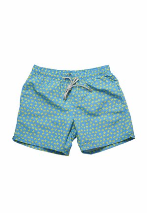 Pantaloni da bagno blu realizzati in materiale leggero, con un motivo di farfalle gialle, vita elastica e cordoncino per una vestibilità regolabile.