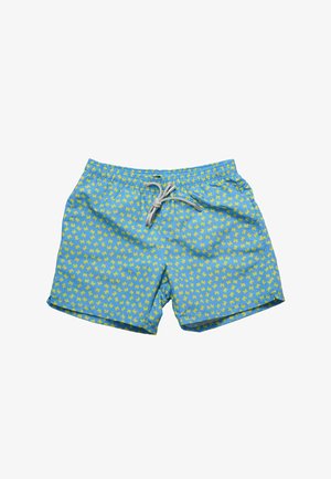 Pantaloni da bagno blu realizzati in materiale leggero, con un motivo di farfalle gialle, vita elastica e cordoncino per una vestibilità regolabile.