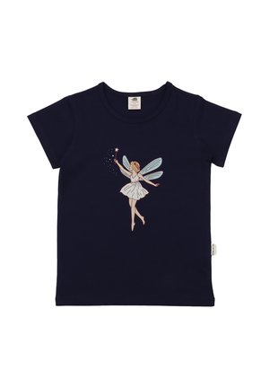 Navy blue children's t-shirt with a fairy holding a wand and wearing a white dress and blue wings, centered on the front.