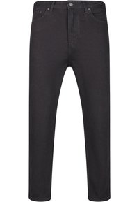 Jeans de mezclilla negra con un diseño de pierna recta, estilo de cinco bolsillos y un cierre frontal clásico con botón y cremallera.