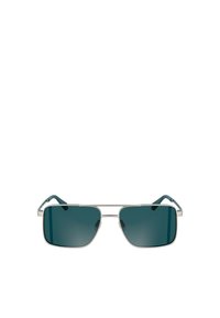 Occhiali da sole con montatura quadrata, lenti di colore verde scuro, una sottile cornice in metallo argentato e accenti in verde chiaro sulle aste.