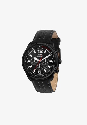 Orologio analogico nero con cinturino in pelle, caratterizzato da un quadrante nero, indici delle ore bianchi, accenti rossi e sub-quadranti per cronografo; design robusto.