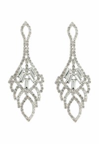 Pendientes de gota de plata con un intrincado diseño en forma de hoja, adornados con brillantes rhinestones y cristales rectangulares en el centro.
