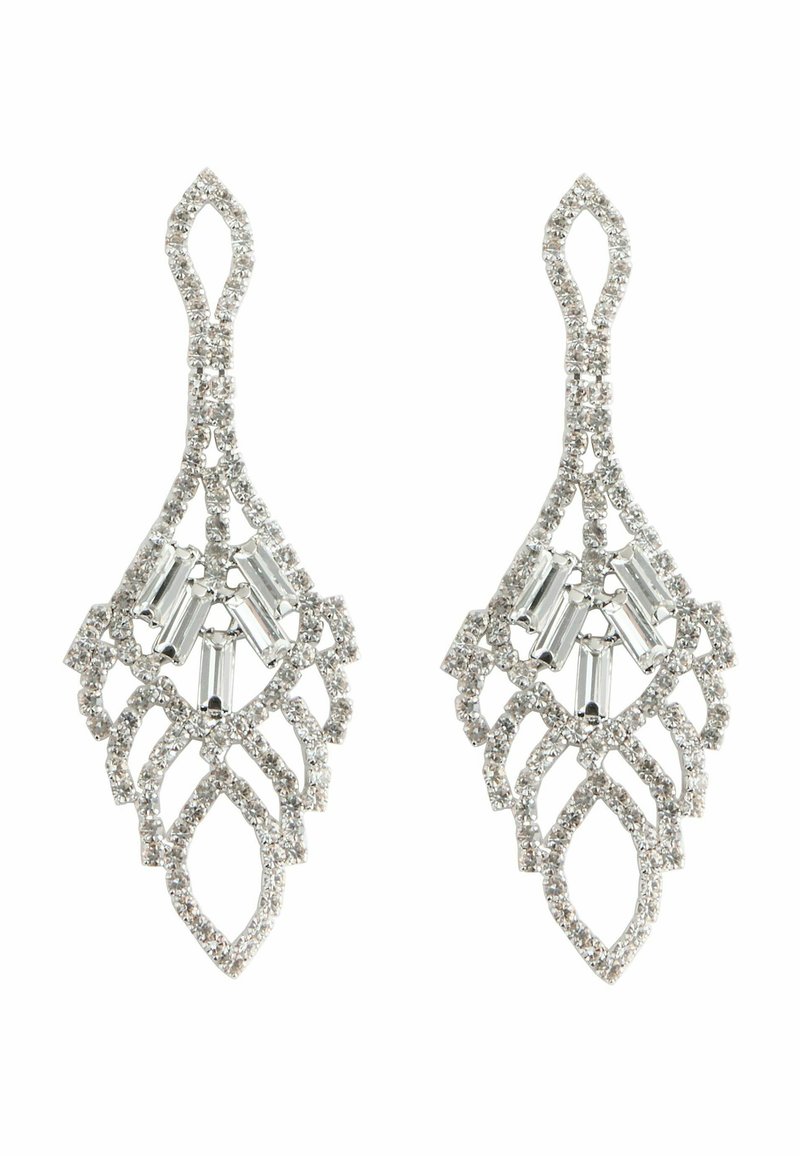 Pendientes de gota de plata con un intrincado diseño en forma de hoja, adornados con brillantes rhinestones y cristales rectangulares en el centro.