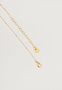 Collana d'oro con una delicata catena a maglie e chiusura a moschettone, accentuata da un piccolo tag rotondo. Finitura lucida e liscia.