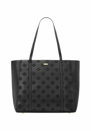 Czarna torba na ramię ze skóry z wytłaczanym geometrycznym wzorem, podwójnymi paskami na ramię oraz małą prostokątną złotą tabliczką z logo z przodu.