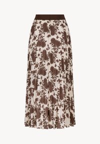 Plissérok met een bruine bloemenprint op een crème achtergrond. Voorzien van een elastische tailleband en een vloeiende A-lijn silhouet.