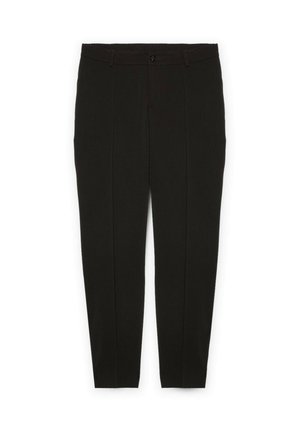 Pantalon noir avec une coupe droite, fabriqué en tissu texturé avec des plis à l'avant et une fermeture à un bouton à la taille.