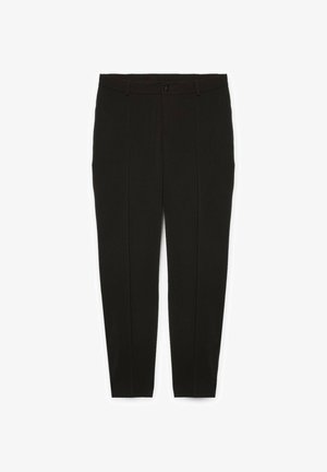 Schwarze Hosen mit geradem Schnitt, aus strukturiertem Stoff mit vorderen Falten und einem einzelnen Knopfverschluss an der Taille.