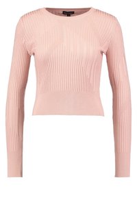 Ljusrosa ribbad stickad tröja med långa ärmar, med horisontella och vertikala mönster, rund halsringning och kort design.