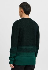 Donkergroen trui met een textuur gebreide ontwerp en een ombre-effect, dat overgaat van donker bovenaan naar lichter onderaan.