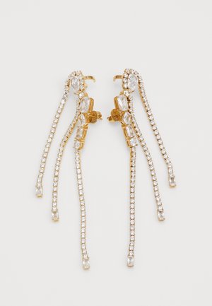 Gold-tone earrings with multiple strands, adorned with clear rectangular and round rhinestones, featuring a secure closure mechanism.