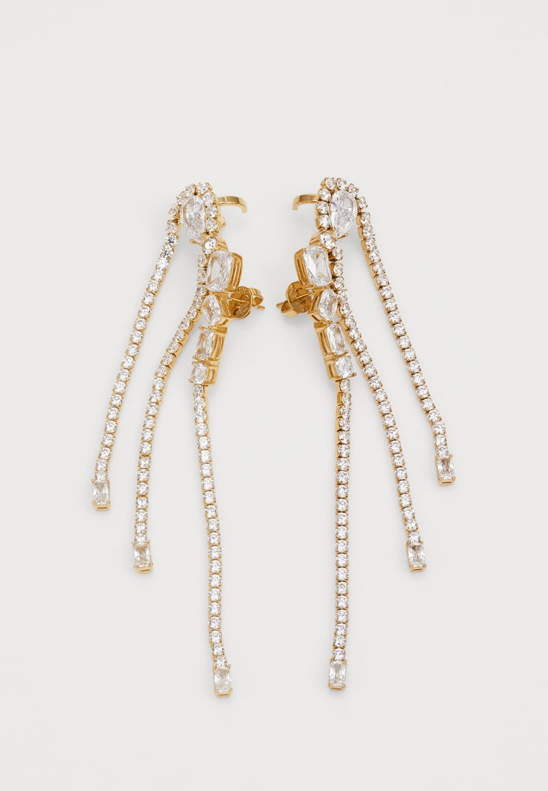 Gullfargede øredobber med flere tråder, prydet med klare rektangulære og runde rhinestones, som har en sikker lukkemekanisme.