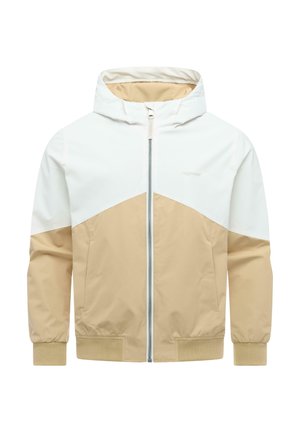 Beige og hvit hettejakke med glidelås, ribbestrikkede mansjetter og kant, frontlommer, og fargede blokker.