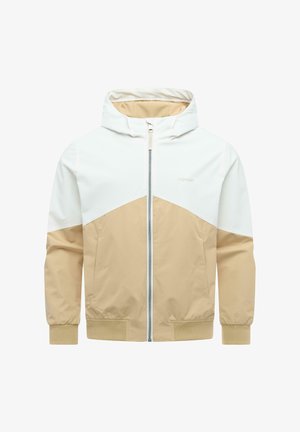 Beżowa i biała kurtka z kapturem zapinana na zamek, z prążkowanymi mankietami i dołem, przednimi kieszeniami oraz wzorem w blokach kolorów.